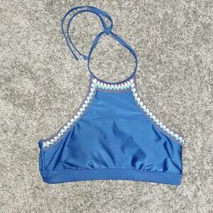 Sunseeker Blue High Neck Halter Bikini Top Crochet Trim